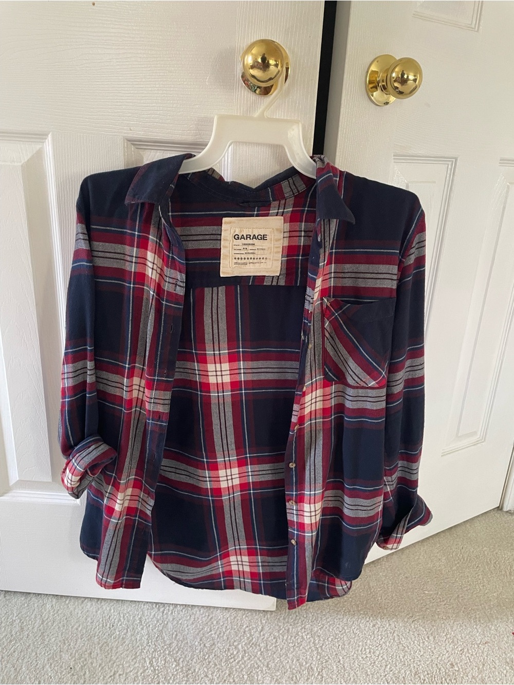 Garage Navy and Red Plaid Button-Down Shirt
